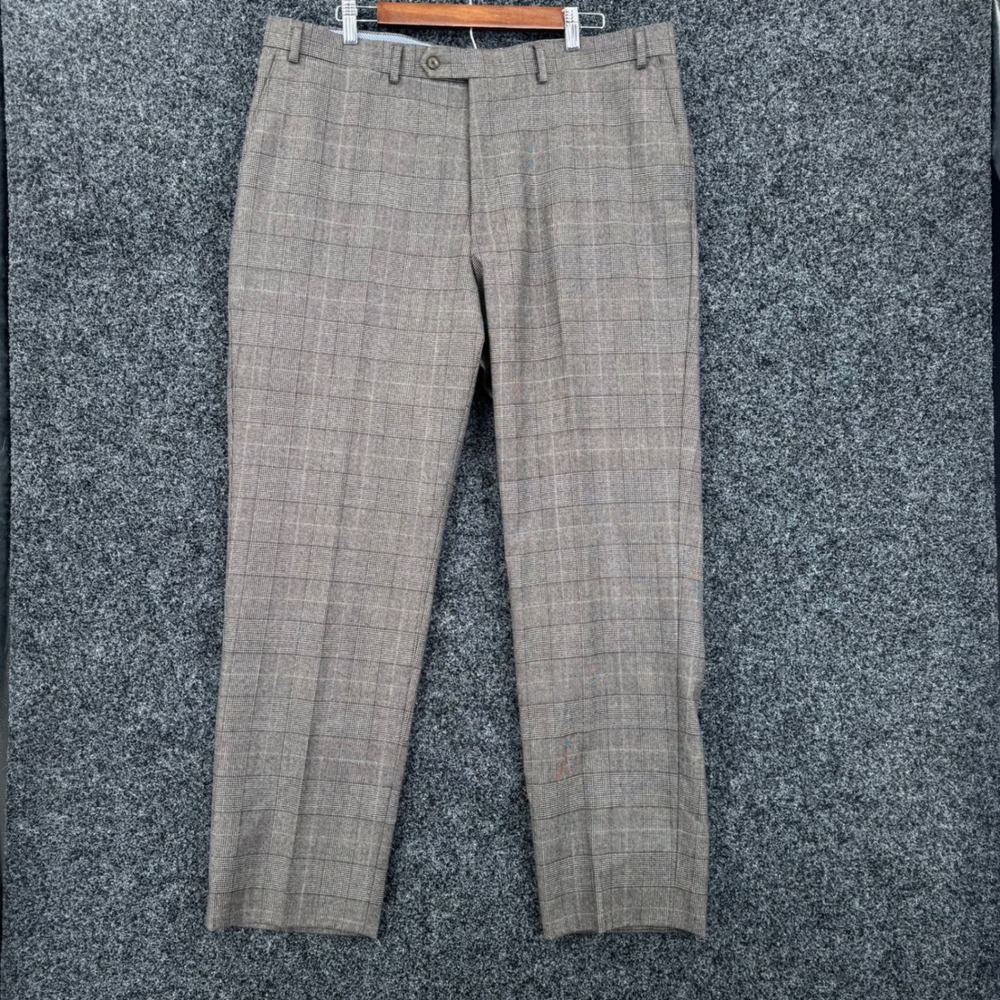 Hart Schaffner Marx Mens 40R Brown Glen Plaid 100% Wool Dress Pants Trousers